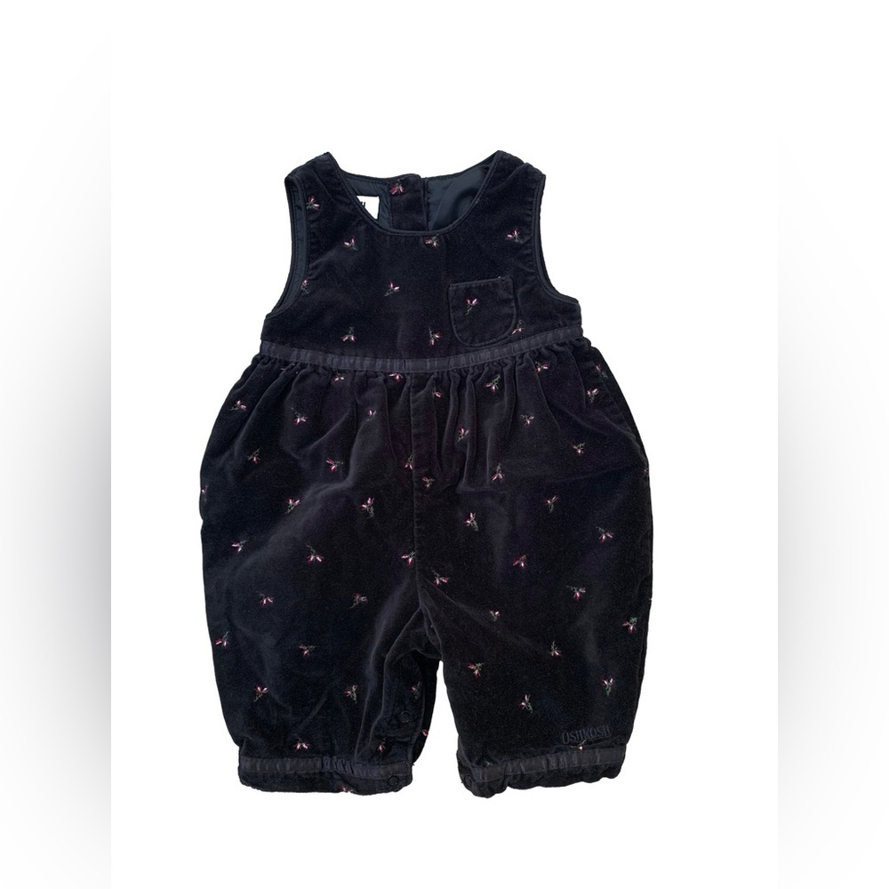 Vintage OshKosh Size Small Black Velvet Romper with Embroidered Flowers